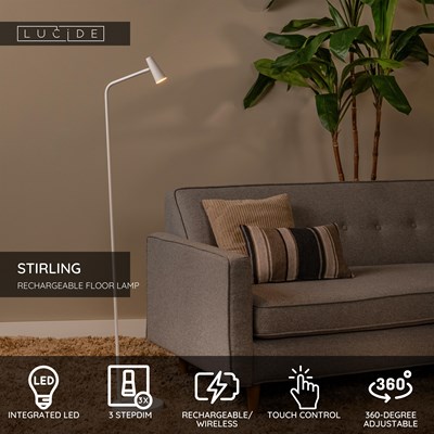 Lucide STIRLING - Rechargeable Floor lamp - Battery pack- LED 3 StepDim - 1x3W 2700K - White